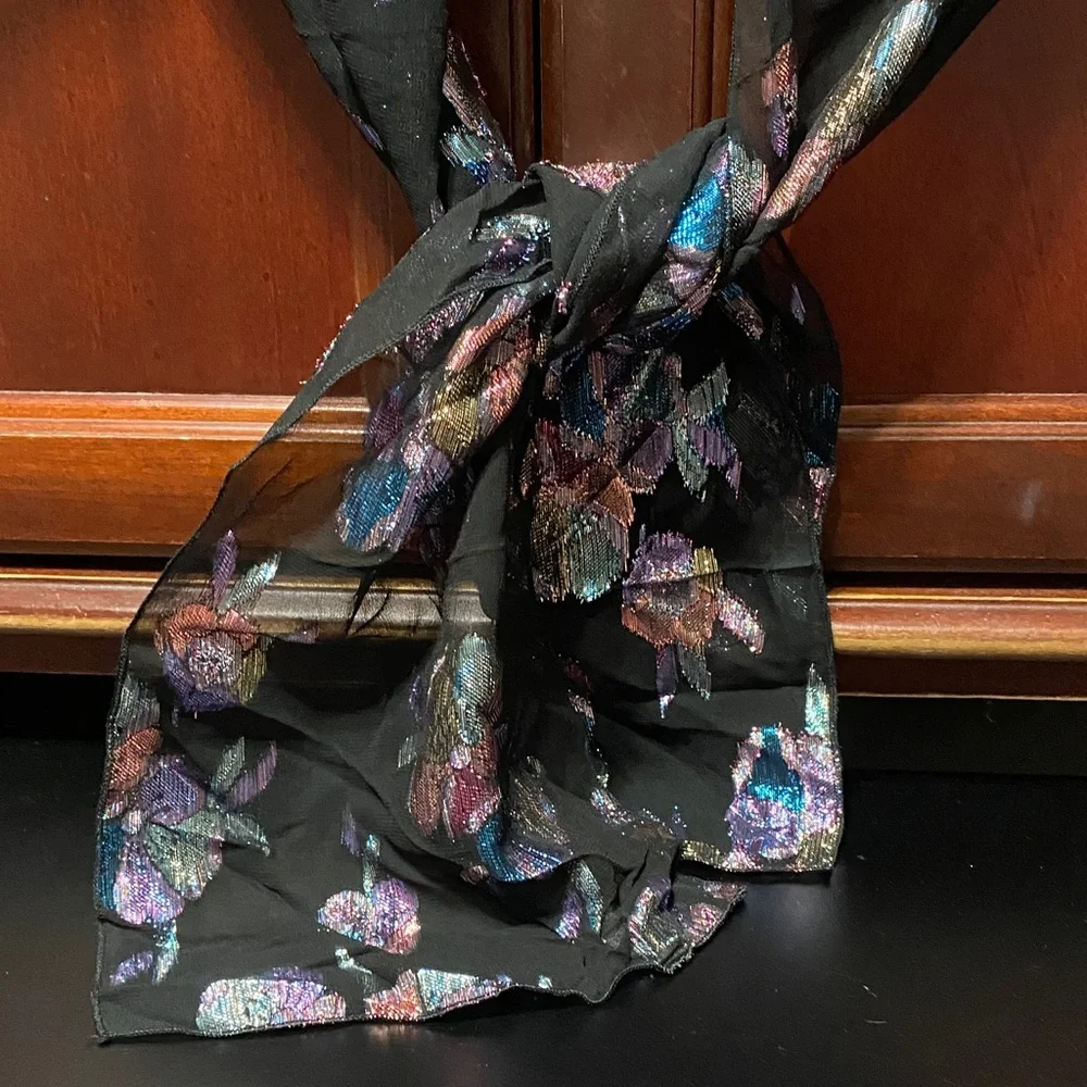 Vintage Amanda Smith 58” x 9” Multi color metallic black Floral Patterned Scarf